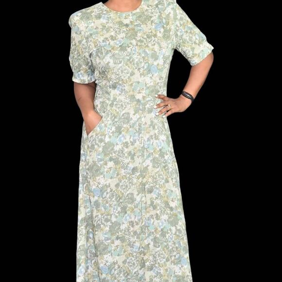 Vintage Rabbit Designs Dress Green Button Back Foliage Print Maxi Size Small - Picture 10 of 12